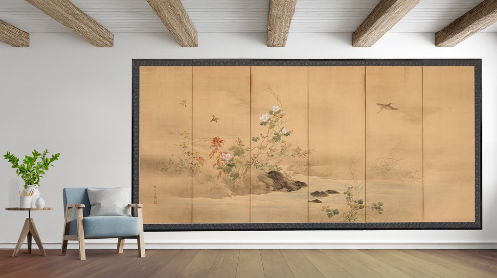 Byôbu 屏风（折叠屏风） - 丝绸、纸张、漆木 - Shimizu Rokushô 清水麓松 (1863–1919) - 日本 - 大约在1900年（明治时期） #1.0