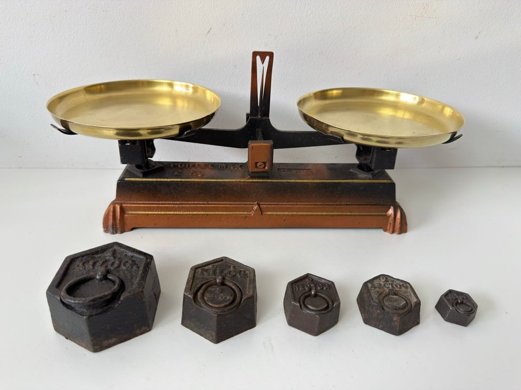 roverbal - Beam mérleg (2) - 2 kg - Öntöttvas, Aranyozott sárgaréz - Tányérok mérlege #1.0