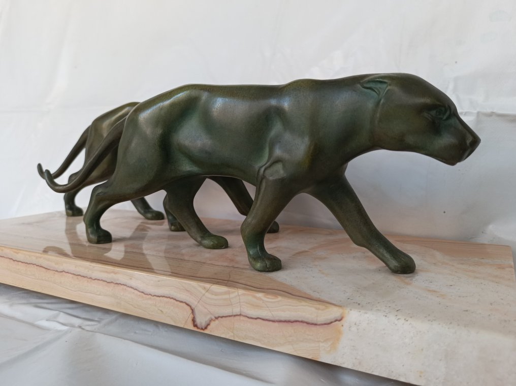 Szobor, two panthers, art déco - 16.5 cm - Ötvözet, Márvány #4.3