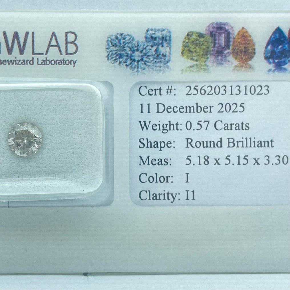 没有保留价 - 1 pcs 钻石  (天然)  - 0.57 ct - 圆形 - I - I1 内含一级 - Gemewizard宝石实验室（GWLab） #3.2