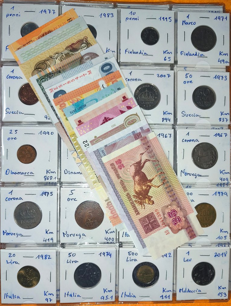 Lot mondial, 140 de monede din 37 de țări, plus 13 bancnote de calitate UNC. Perioada 1909-2003.. (Fără preț de rezervă) #1.0