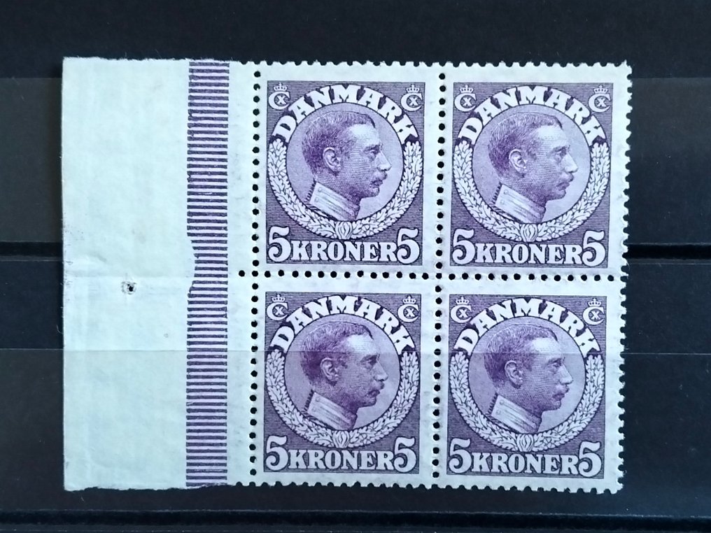 Danmark 1919 - King Christian X. Blok af fire 5-kroner i rød lilla, kobbertryk. - AFA 110a #1.0