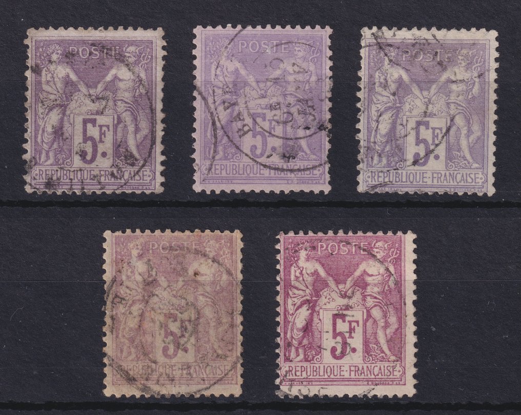 Francia 1877 - Set di 5 Sages 'tipo II', dal n. 95 al 95f, obliterati Cà D, firmati Pisan. Molto bello. - Yvert #1.0