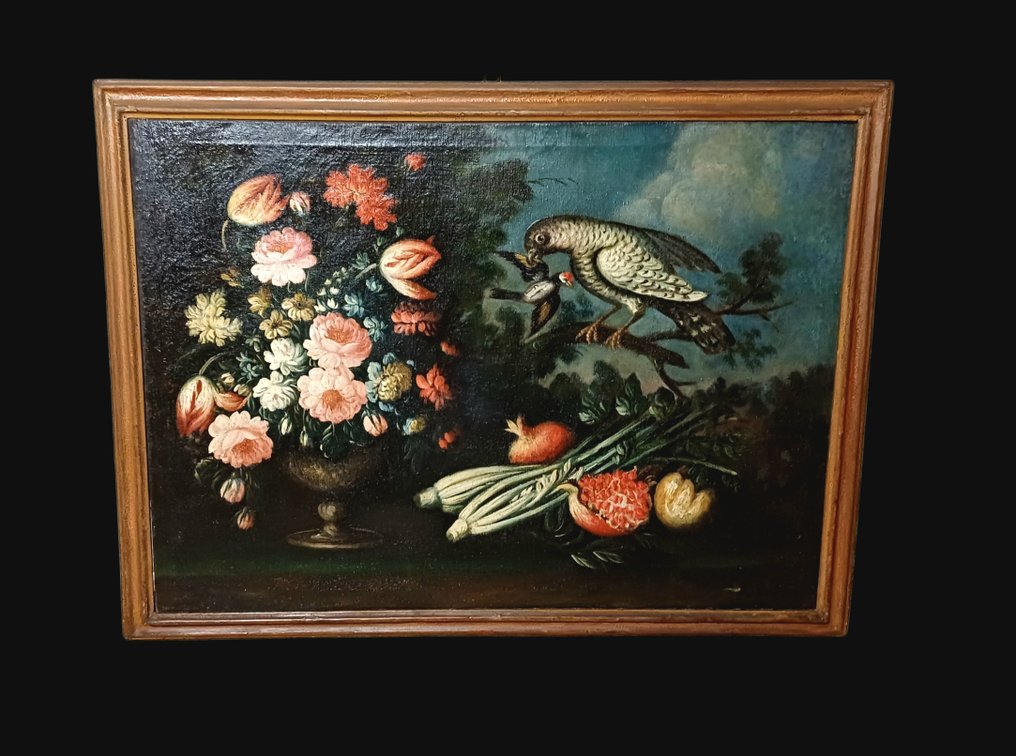 Monogrammista AV (Giuseppe Pesci?) (XVIII), Cerchia di - Natura morta con fiori, frutta e volatili #1.0