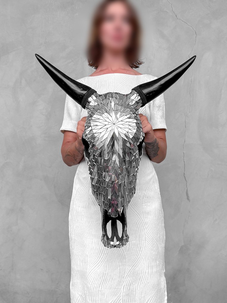 NO RESERVE PRICE - Stunning Bull's skull with Glass Mosaic inlay- Silver Skull - Bos Taurus - 64 cm - 53 cm - 17 cm- Non-CITES species - (1) #2.1
