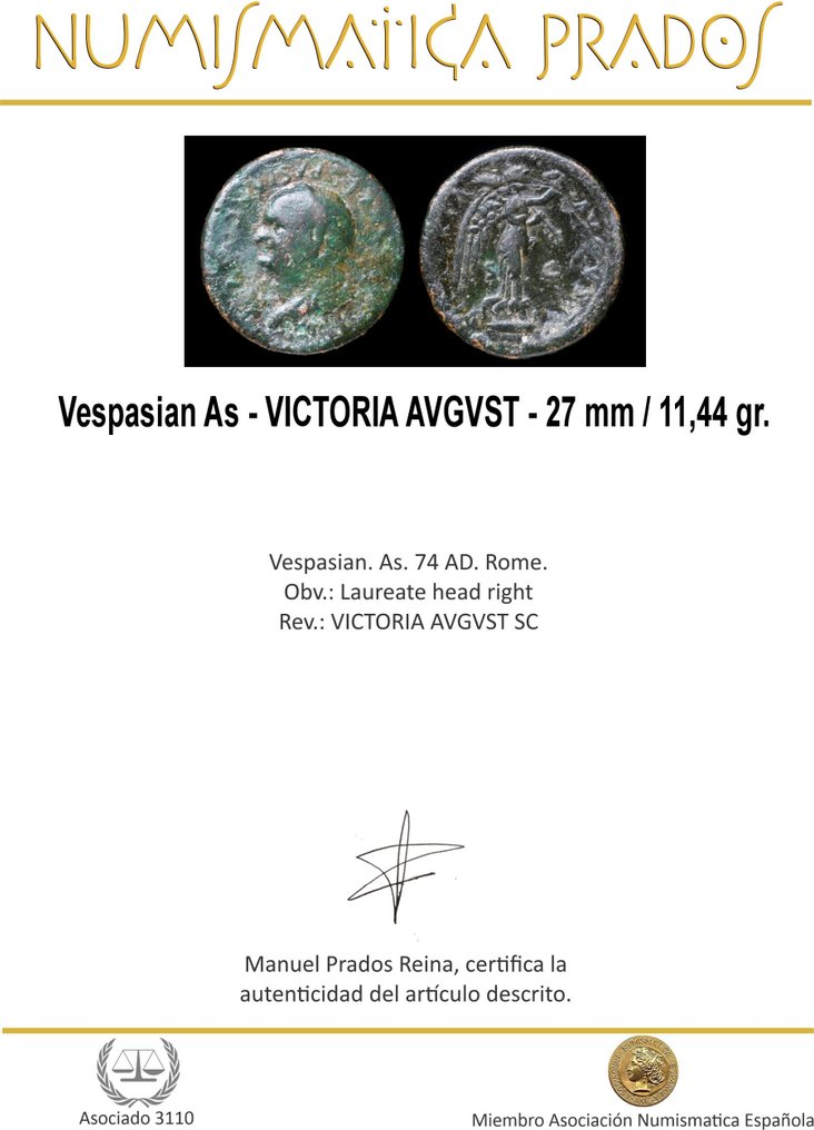 羅馬帝國. 維斯帕先  (AD 69-79). As VICTORIA AVGVST SC  (沒有保留價) #1.0