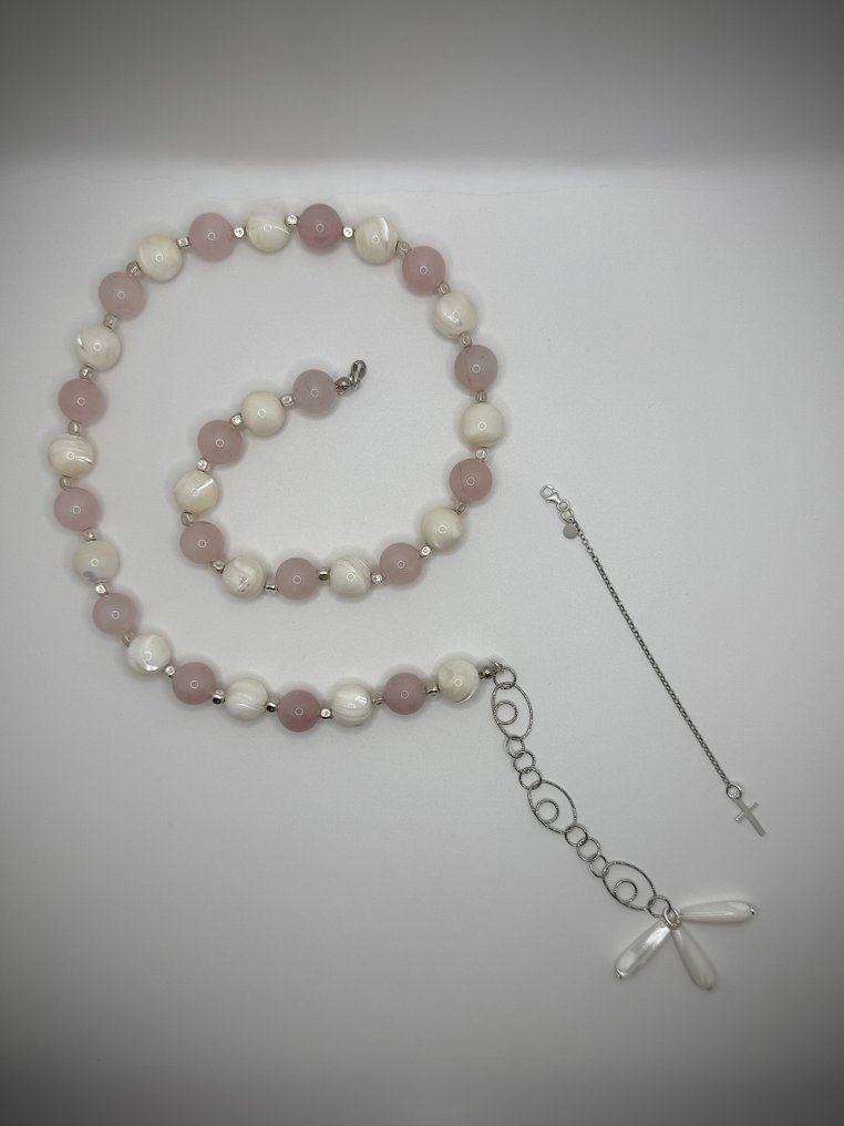 7 τεμάχια - ΜΟΝΑΔΙΚΟ - Μαργαριταρένια - Ροζ χαλαζίας - Ασήμι 925 - Πιστοποιημένο - Parure - Αποκλειστική εργασία #2.1