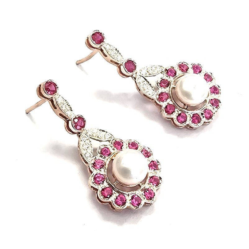 Nincs minimálár - Drop fülbevaló - 9 Kt Rózsa arany, Ezüst Rubin - Gyémánt #1.0