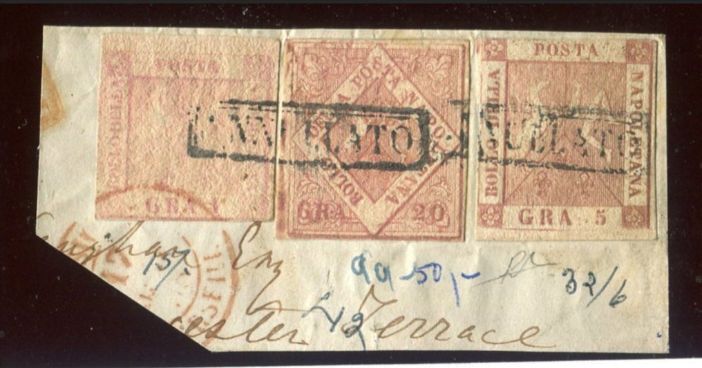 Αρχαία ιταλικά κράτη - Νάπολη 1858 - Τριχρωμή αποσφράγιση 26 γραμμαρίων που περιλαμβάνει το 20 «ροζ λιλλικάεο». - Sassone 3, 8, 12a. #1.0