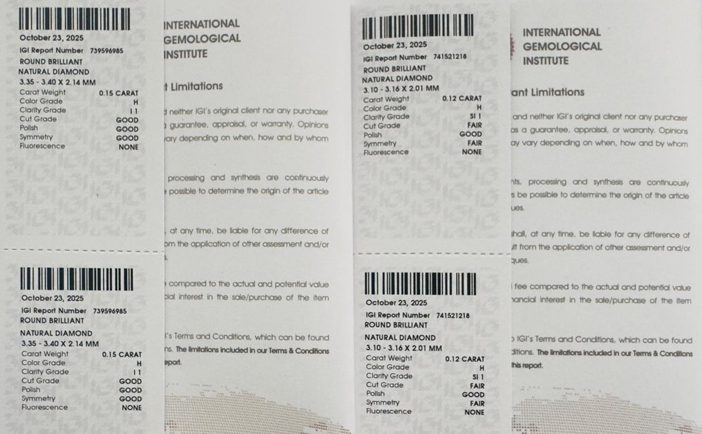 χωρίς τιμή ασφαλείας - 2 pcs Διαμάντι (Φυσικό) - 0.27 ct - Στρογγυλό - H - I1, SI1 - International Gemological Institute (IGI) - Ζεύγος #3.2