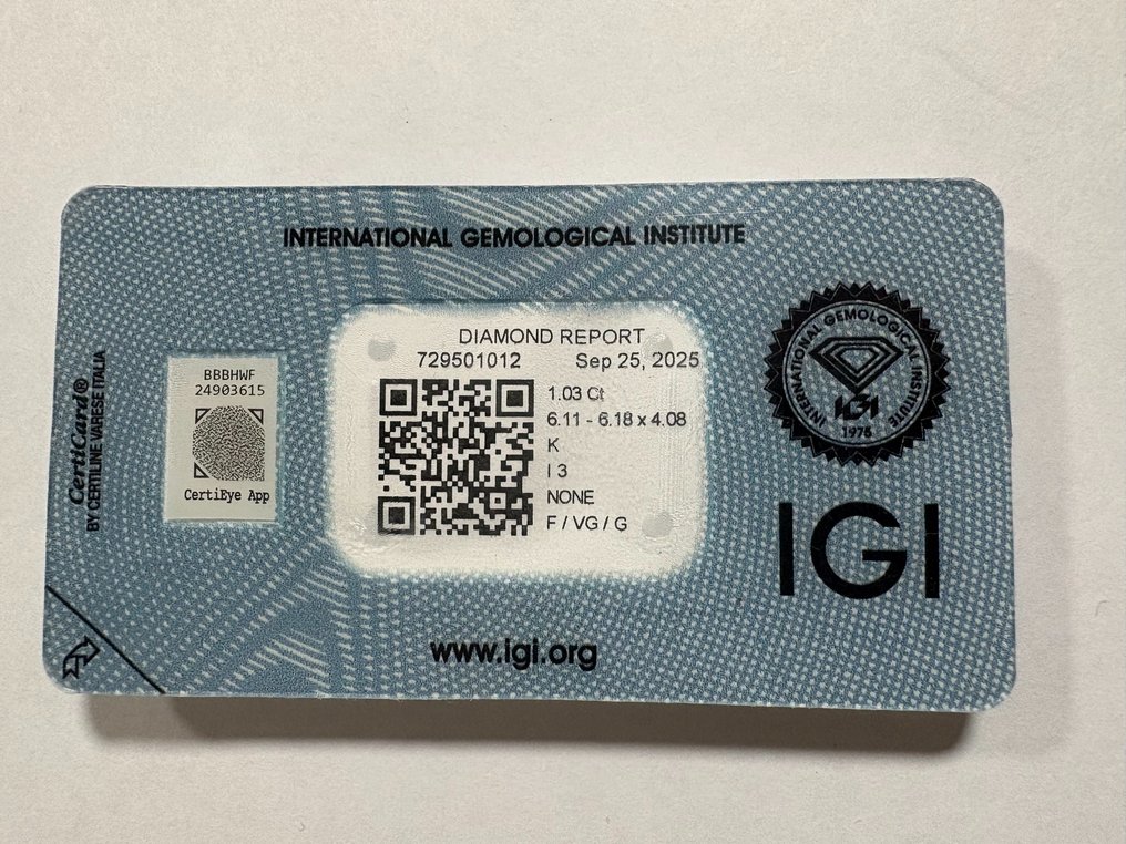 No reserve price - 1 pcs Diamond (Natural) - 1.03 ct - Round - K - I3 - International Gemological Institute (IGI) #2.1