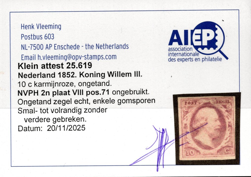 Netherlands 1852 - Koning Willem III - Free worldwide shipping* - no minimum purchase - NVPH 2 #2.1