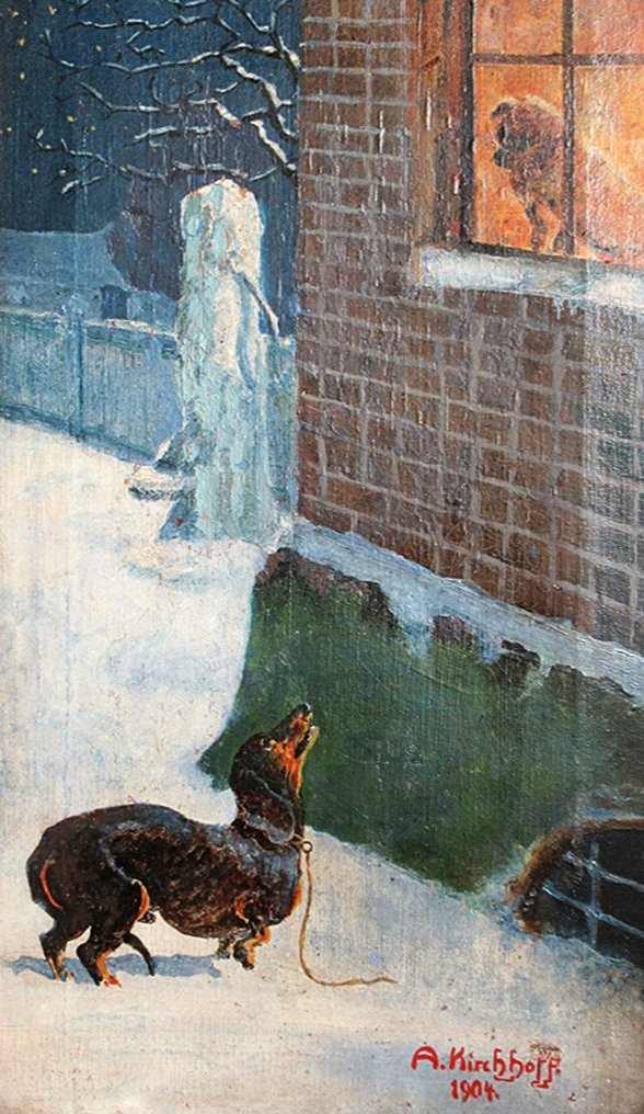 A. Kirchhoff (XIX-XX) - Nächtliches Treffen zweier Hunde an einem Winterabend - NO RESERVE #1.0