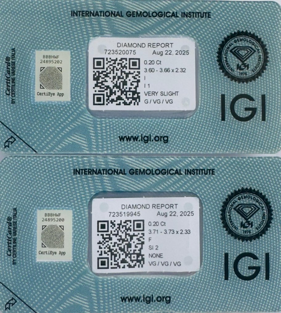 没有保留价 - 2 pcs 钻石  (天然)  - 0.40 ct - 圆形 - F, I - I1 内含一级, SI2 微内含二级 - 国际宝石研究院（IGI） - 一对 #1.0