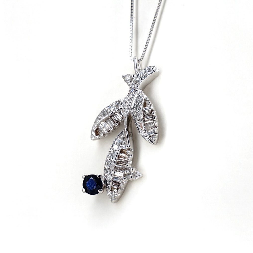 Zonder minimumprijs - Halsketting - 18 karaat Witgoud Diamant (Natuurlijk) - Saffier #1.0