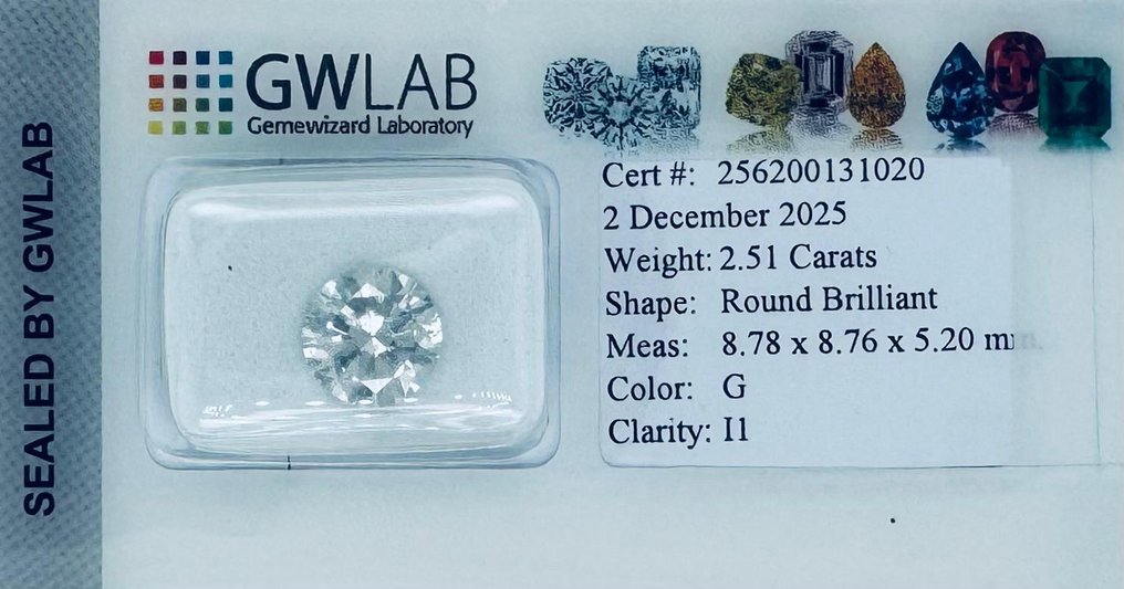 没有保留价 - 1 pcs 钻石 (天然) - 2.51 ct - 圆形 - G - I1 内含一级 - Gemewizard宝石实验室(GWLab) #2.1