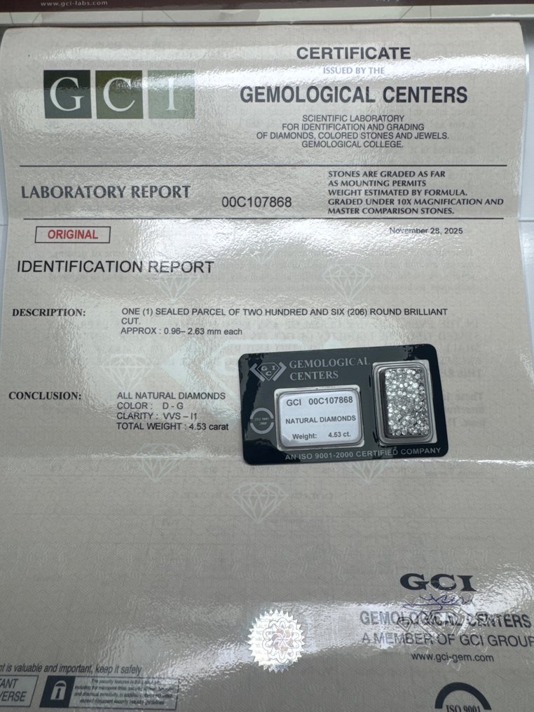 没有保留价 - 206 pcs 钻石  (天然)  - 4.53 ct - 圆形 - D (无色), E, F, G - VVS1 极轻微内含一级, VVS2 极轻微内含二级, VS1 轻微内含一级, VS2 轻微内含二级, SI1 微内含一级, SI2 微内含二级, I1 内含一级 - 以色列宝石中心（G.C.I.） #1.0