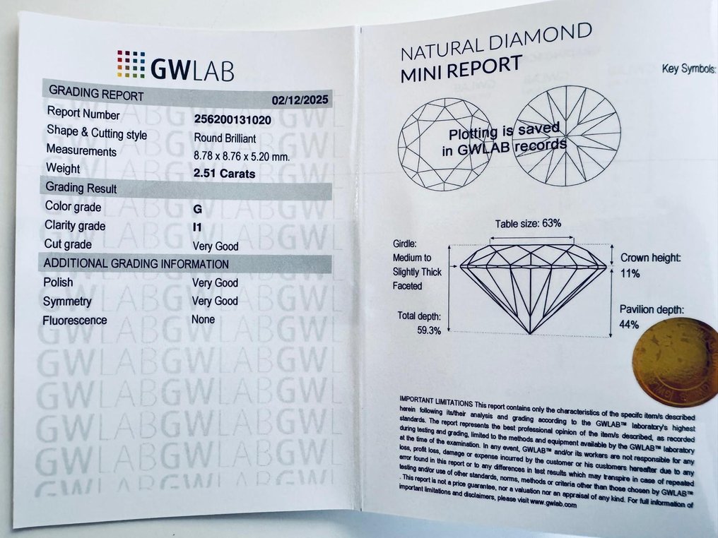 没有保留价 - 1 pcs 钻石 (天然) - 2.51 ct - 圆形 - G - I1 内含一级 - Gemewizard宝石实验室(GWLab) #3.2