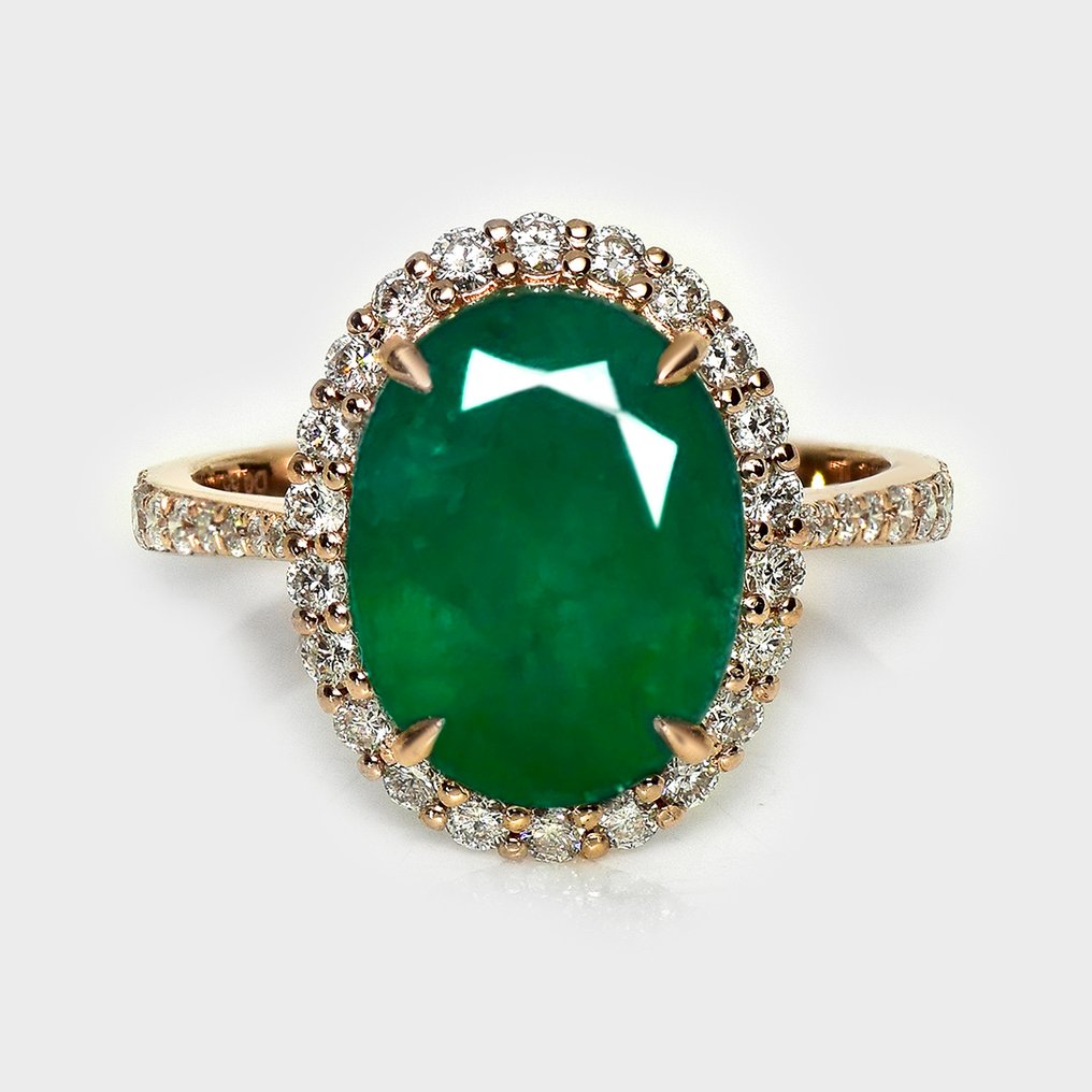 没有保留价 - 戒指 - 14K包金 玫瑰金, HRD 5.13 克拉 强烈绿色 - 5.68ct. tw. 祖母绿 - 钻石 #1.0