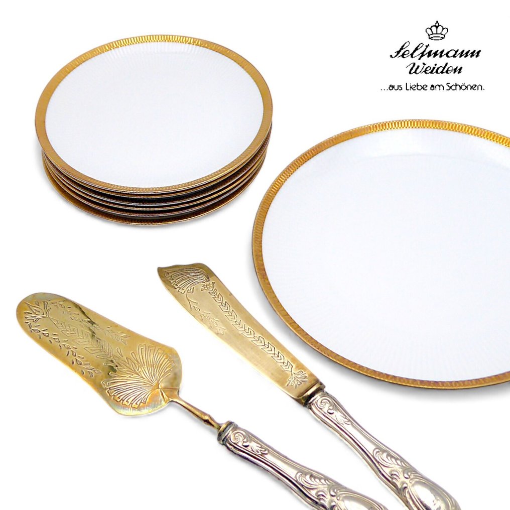 Seltmann Widen Bavaria - Dessert service (10) - 6 Piattini + Piatto da Portata con Set da Taglio per Dolce in Original Box Placcato Argento 800 - White porcelain with gold edges - Vintage 1960s #1.0