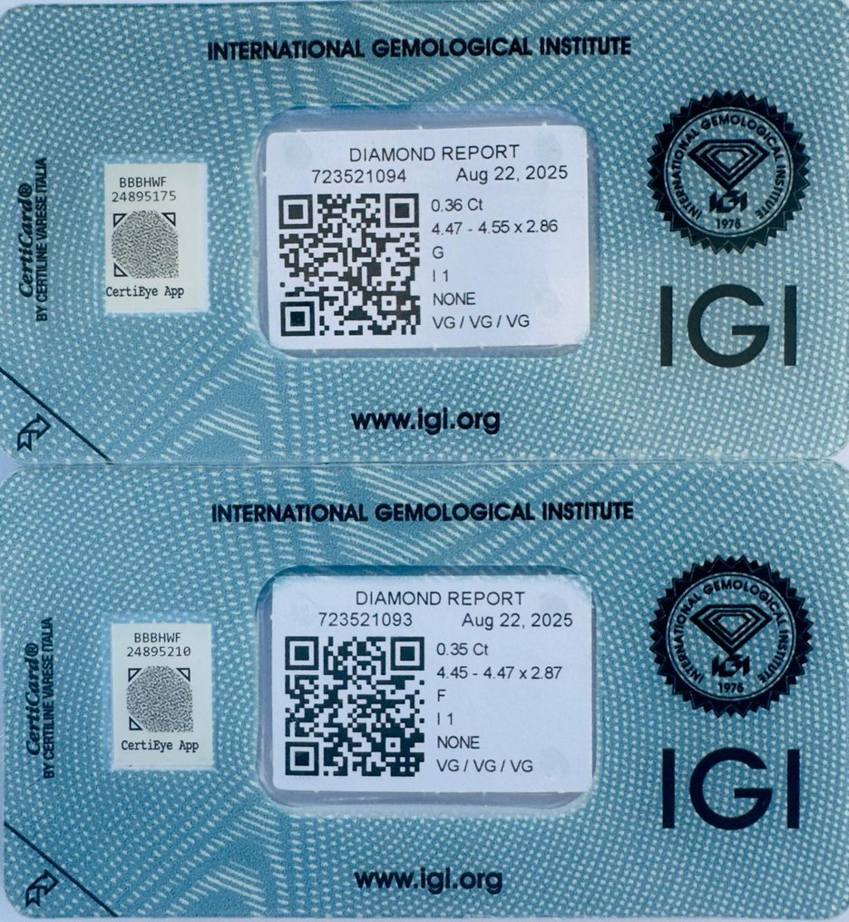 Zonder minimumprijs - 2 pcs Diamant (Natuurlijk) - 0.71 ct - Rond - F, G - P1 - International Gemological Institute (IGI) - *Koppeling* *VG None* #3.2