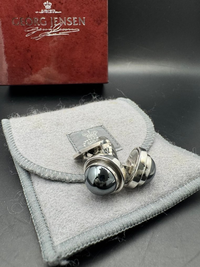 Georg Jensen - Srebro - Spinki - Hematite - pudełko i torba na kurz #3.2