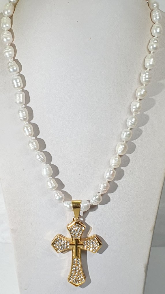 淡水天然珍珠与带锆石的Cruz XL - 925纯银镀金扣 - 项链 #1.0