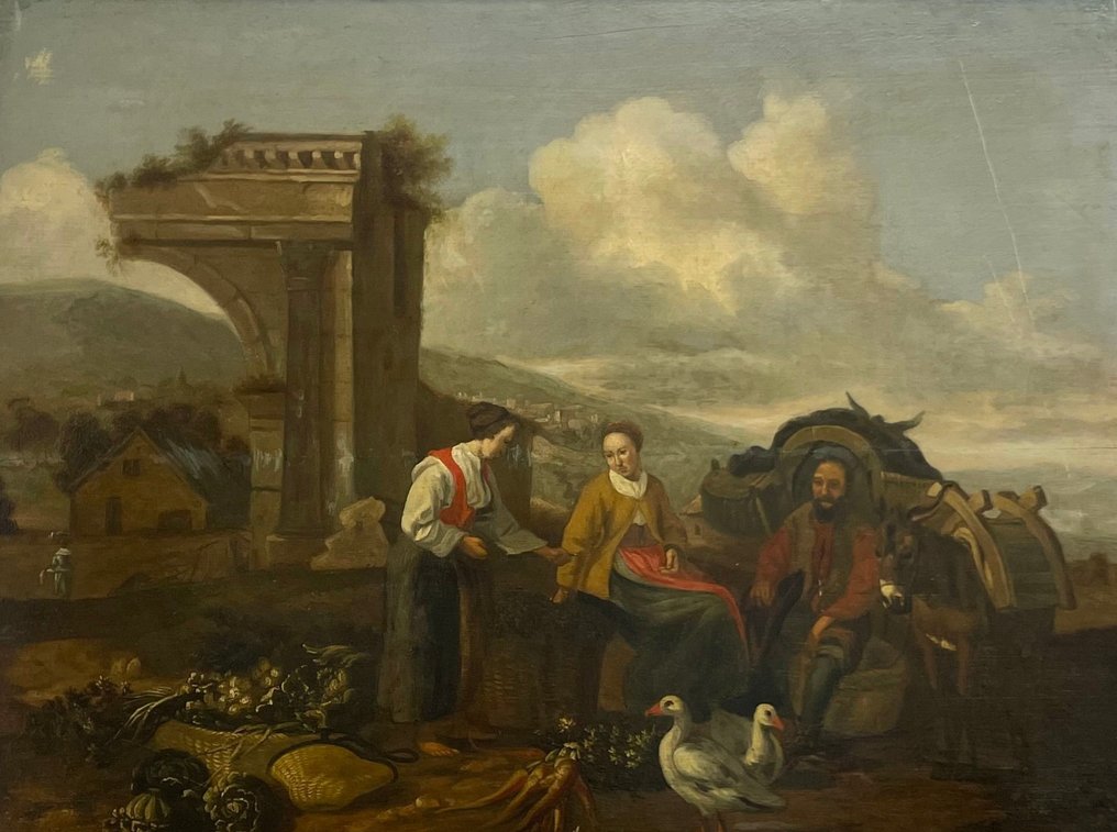 Italiensk skole (XVII) - Scena di mercato con figure presso rovine classiche romane #1.0