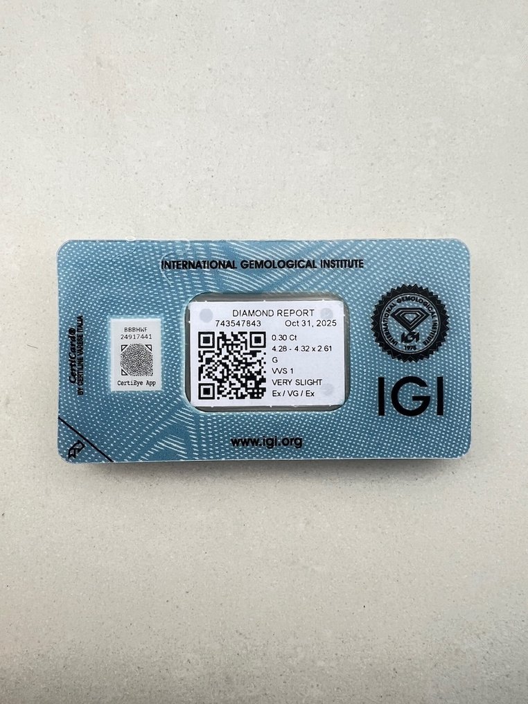 χωρίς τιμή ασφαλείας - 1 pcs Διαμάντι  (Φυσικό)  - 0.30 ct - Στρογγυλό - G - VVS1 - International Gemological Institute (IGI) #2.1