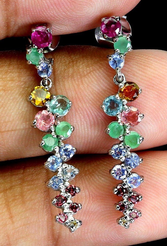 Sans prix de réserve - Boucles d'oreilles Argent Tourmaline - Emerald, Tanzanite, Garnet #1.0