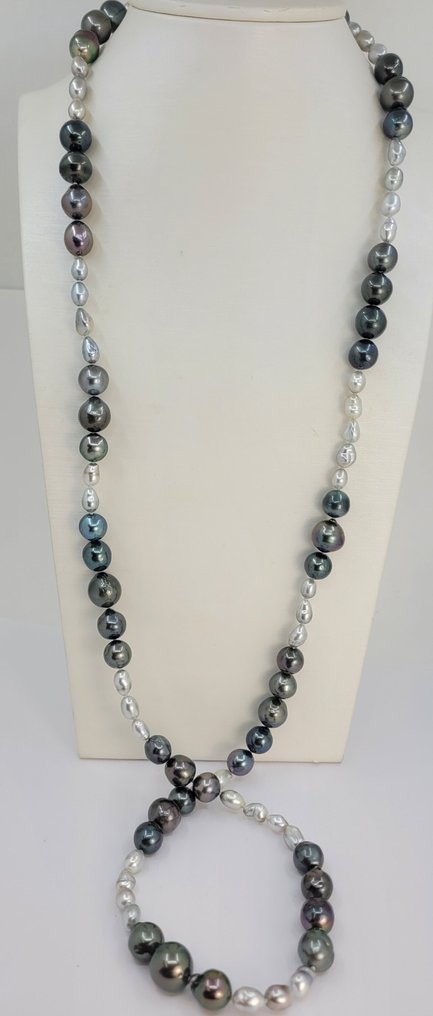 Nyaklánc 6x12mm Keshi Tahiti gyöngyök, Ezüst #1.0