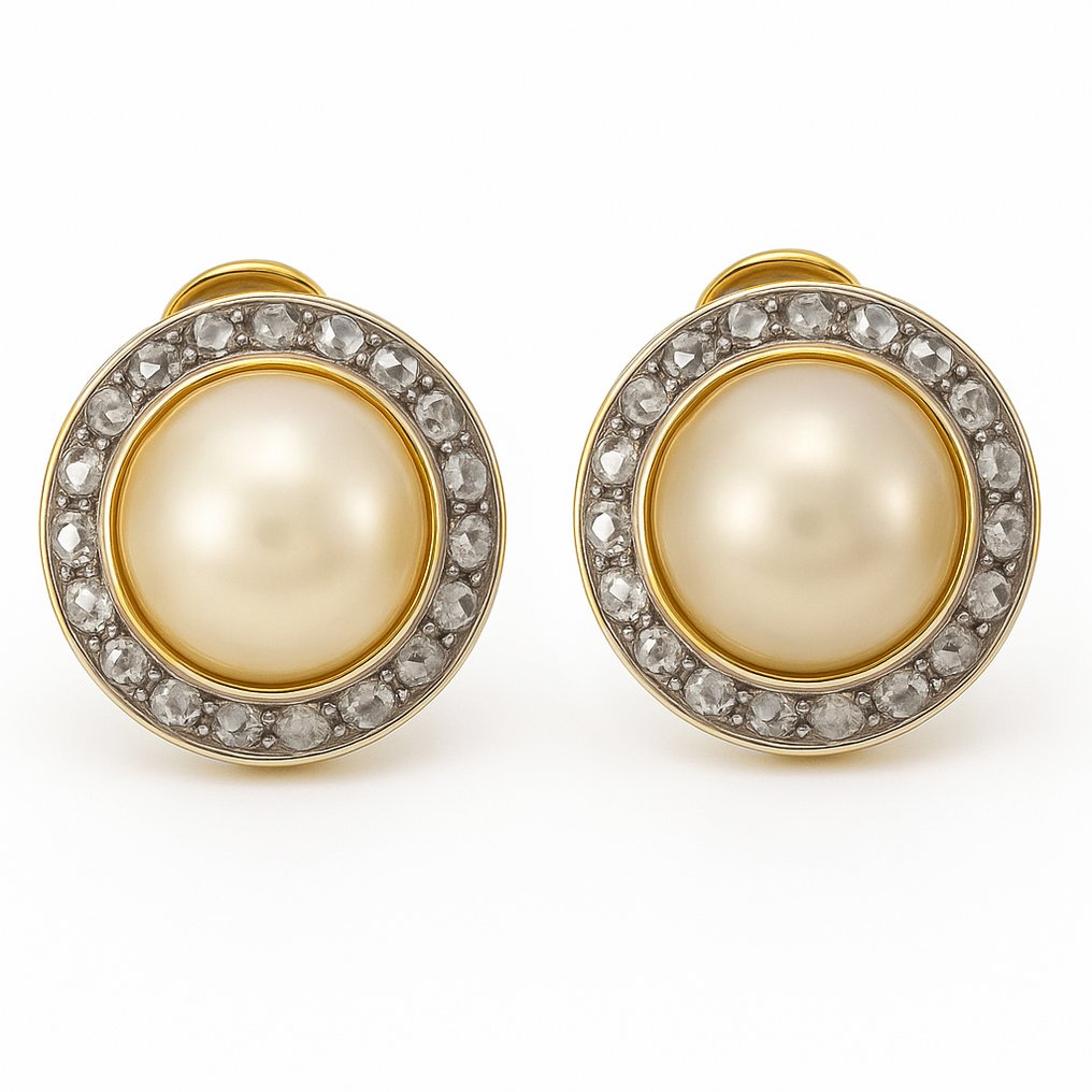 耳环 - 18K包金 白金, 黄金 - 0.96ct. tw. 钻石 (天然) - 珍珠 #1.0