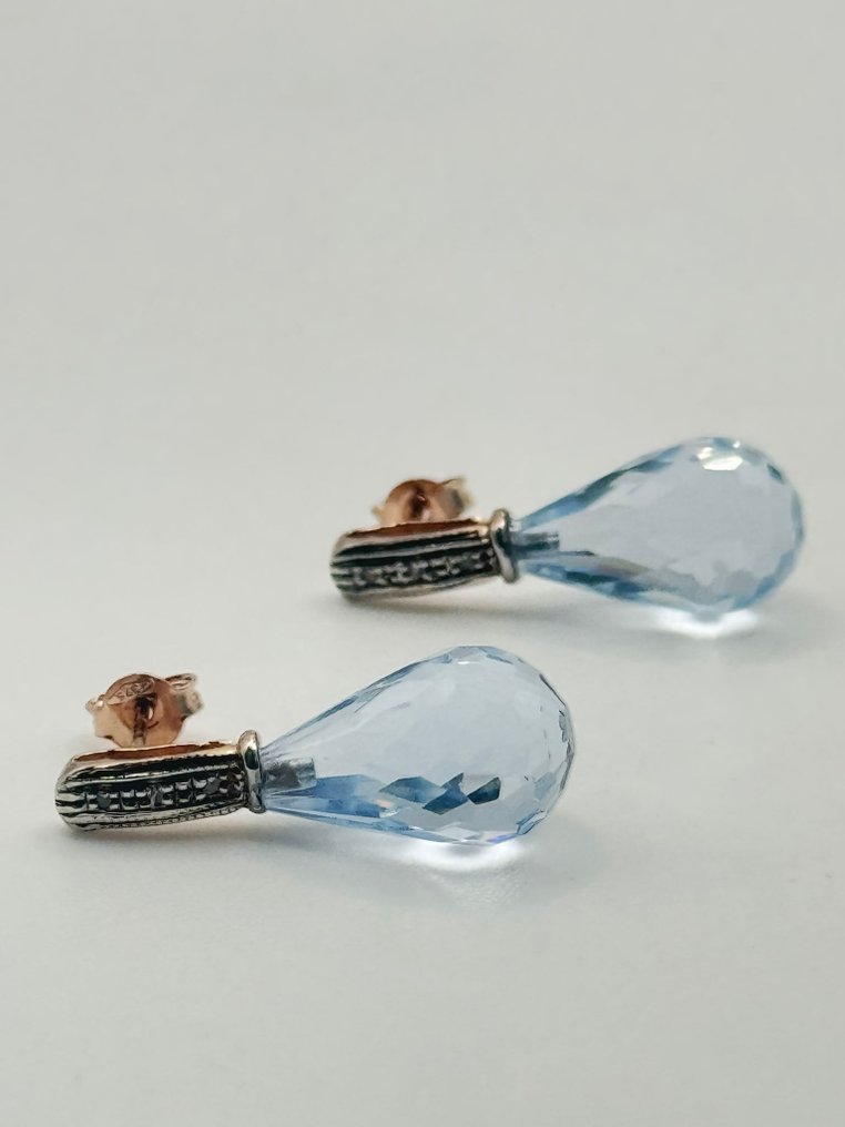 Nincs minimálár - Drop fülbevaló - 9 Kt Ezüst, Rózsa arany Akvamarin - Gyémánt #1.0