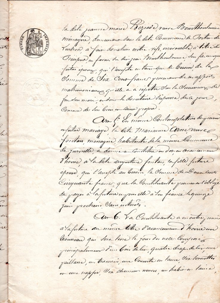 Maître Sansot, Notaire impérial - 1853 – Contrat de mariage complet (9 pages) – Acte notarié relié – Timbres fiscaux 25c & 50c – - 1853 #2.1