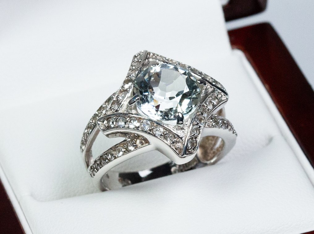 沒有保留價 - 戒指 925银 - 3.00克拉天然海蓝宝 - 白色蓝宝石 #1.0