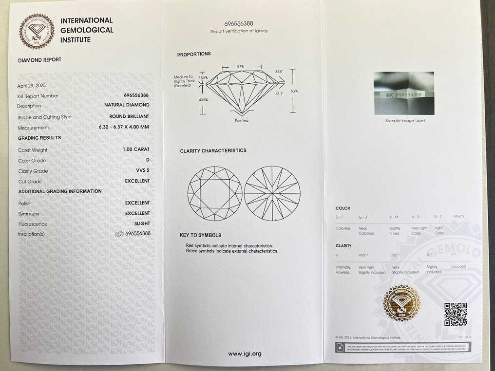 1 pcs 钻石 (天然) - 1.00 ct - 圆形 - D (无色) - VVS2 极轻微内含二级 - 国际宝石研究院(IGI) #2.1