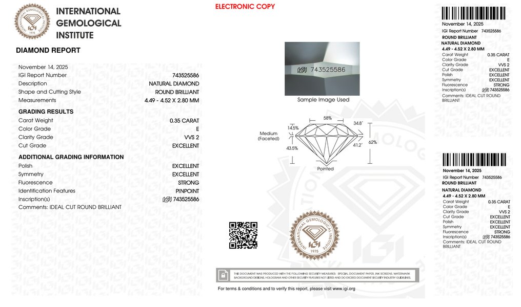 Nincs minimálár - 2 pcs Gyémánt  (Természetes)  - 0.73 ct - Kerek - E - VVS1, VVS2 - Nemzetközi Gemmológiai Intézet (IGI) - Pair 3EX #4.3