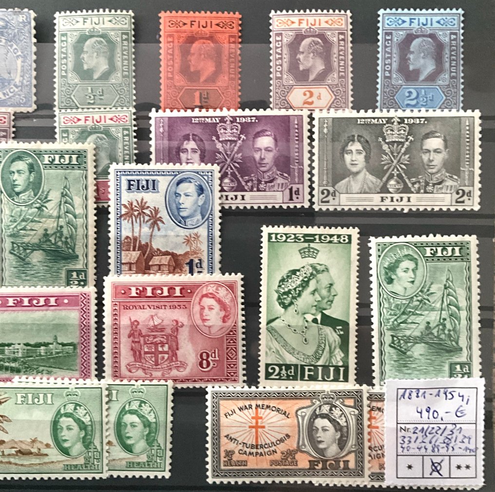 Commonwealth británica 1881/1959 - Islas Fiji - en 2 tarjetas con sellos sin usar y en mejor estado, aproximadamente 700 €. - Michel #3.2