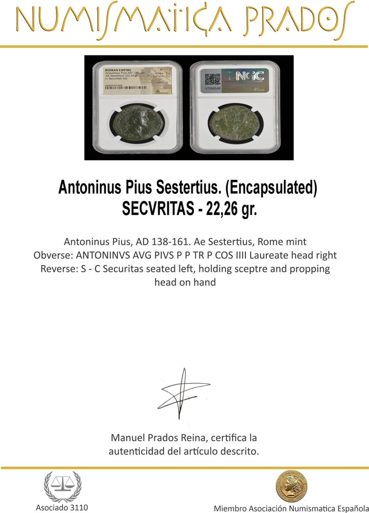 Romarriket. Antoninus Pius (138-161.. Sestertius Roma - Securitas  (Ingen mindstepris) #1.0