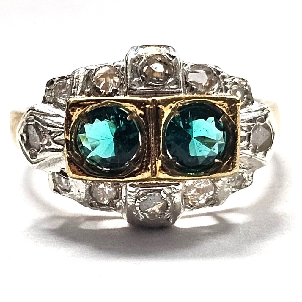 χωρίς τιμή ασφαλείας - Δαχτυλίδι - 9 kt. Ασημί, Κίτρινο χρυσό Σμαράγδι - Διαμάντι #1.0