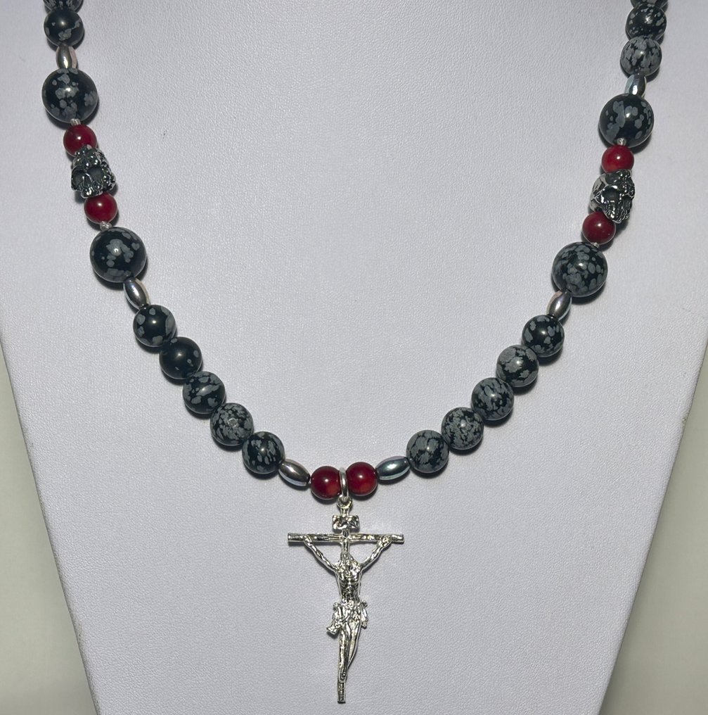 Natural Obsidian 'Snow Leopard' and Red Focil with Christian Cross and Skulls. - Necklace with pendant - High quality. 925 silver. #1.0