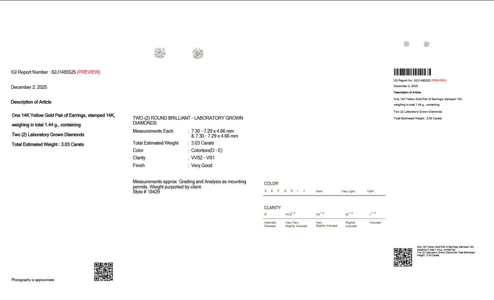 沒有保留價 - 耳釘耳環 - 14 克拉 黃金 - 3.03ct. tw. 鉆石 (實驗室培育) - IGI Certified #1.0