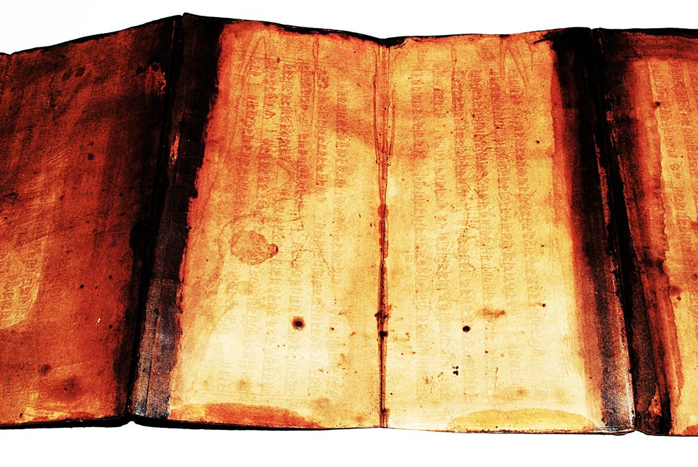 Πολύ παλιό μεγάλο tibetisches Leporello 226 εκ. !! με 6 εικόνες Buddha Leder - Θιβέτ (χωρίς τιμή ασφαλείας) #2.1