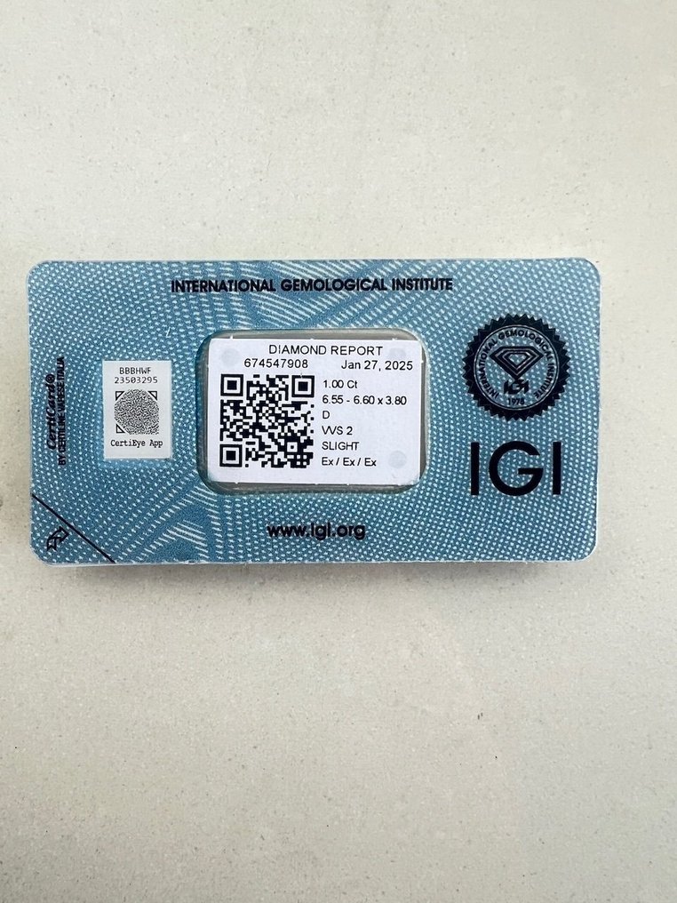 1 pcs 鑽石 (天然) - 1.00 ct - 圓形 - D (無色) - VVS2 - 國際寶石學院(International Gemological Institute (IGI)) #3.2