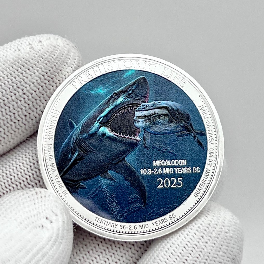 Congo. 20 Francs 2025 – Prehistoric II: Megalodon – 1 oz Silver Coin – .9999 Fine – Colorized #1.0