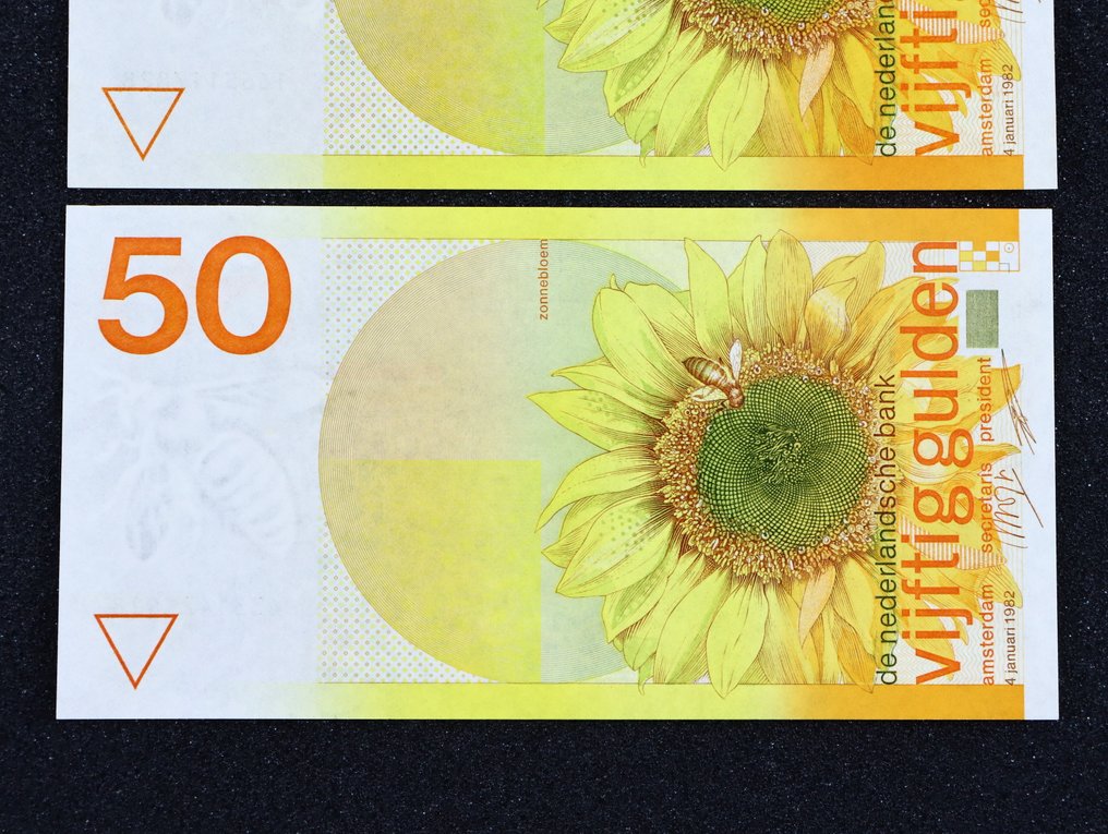Hollandia. 2x 50 Gulden 1982 / Zonnebloem / 1x Prachtig UNC / 1x UNC / #100-1 #2.1