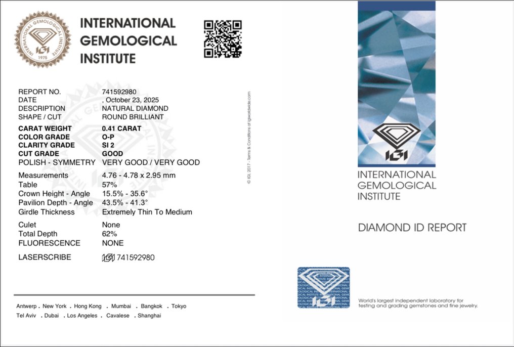 χωρίς τιμή ασφαλείας - 1 pcs Διαμάντι (Φυσικό) - 0.41 ct - Στρογγυλό - SI2 - International Gemological Institute (IGI) - O - P #4.3