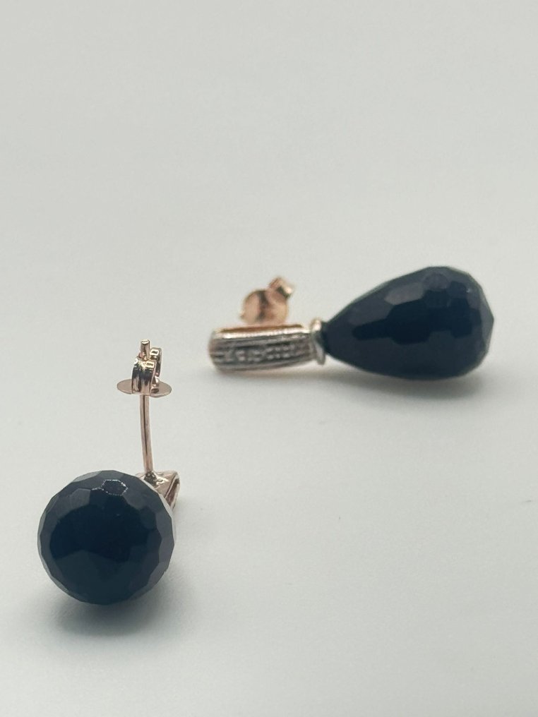 Sem preço de reserva - Brincos - 9 kt. Prata, Ouro rosa Ónix. - Diamante #2.1