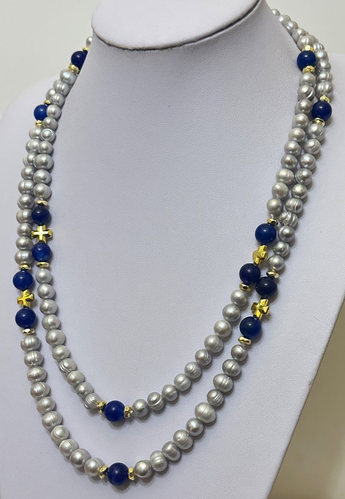 淡水灰色珍珠、AAA级,以及蓝色软玉配有血铁矿十字架。 - 吊墜頸鏈 - 高品质 925 银。 #2.1
