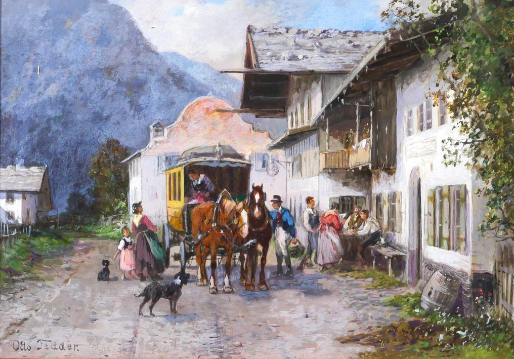 Otto Fedder - Germany, landscape of the Mittenwald (Bayern) with the horse-drawn carriage resting at the inn #1.0